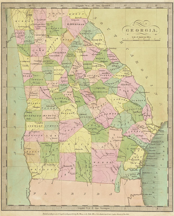 1834 Historical Map of Georgia United States in Color Photograph by Toby McGuire