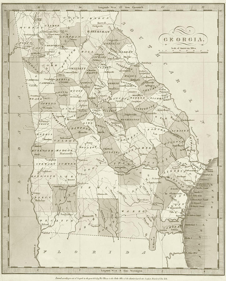 1834 Historical Map of Georgia United States in Sepia Photograph by Toby McGuire