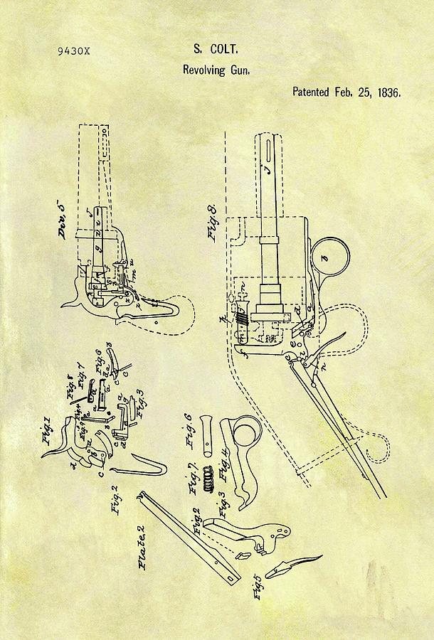 Colt Revolver Drawing - 1836 Colt Revolver Patent by Dan Sproul