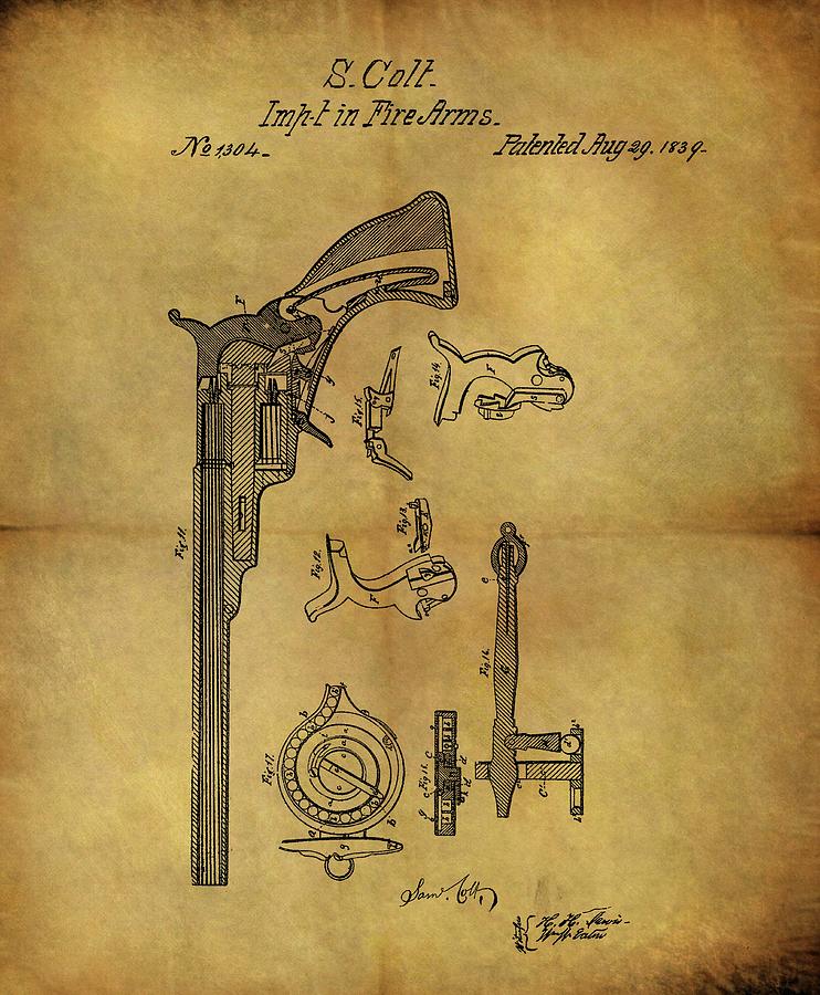 Colt Revolver Drawing - 1839 Colt Revolver Patent by Dan Sproul