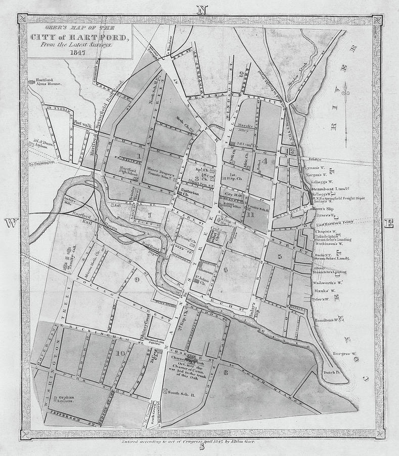 1847 Map of Hartford Connecticut CT Historical Map in Black and White Photograph by Toby McGuire