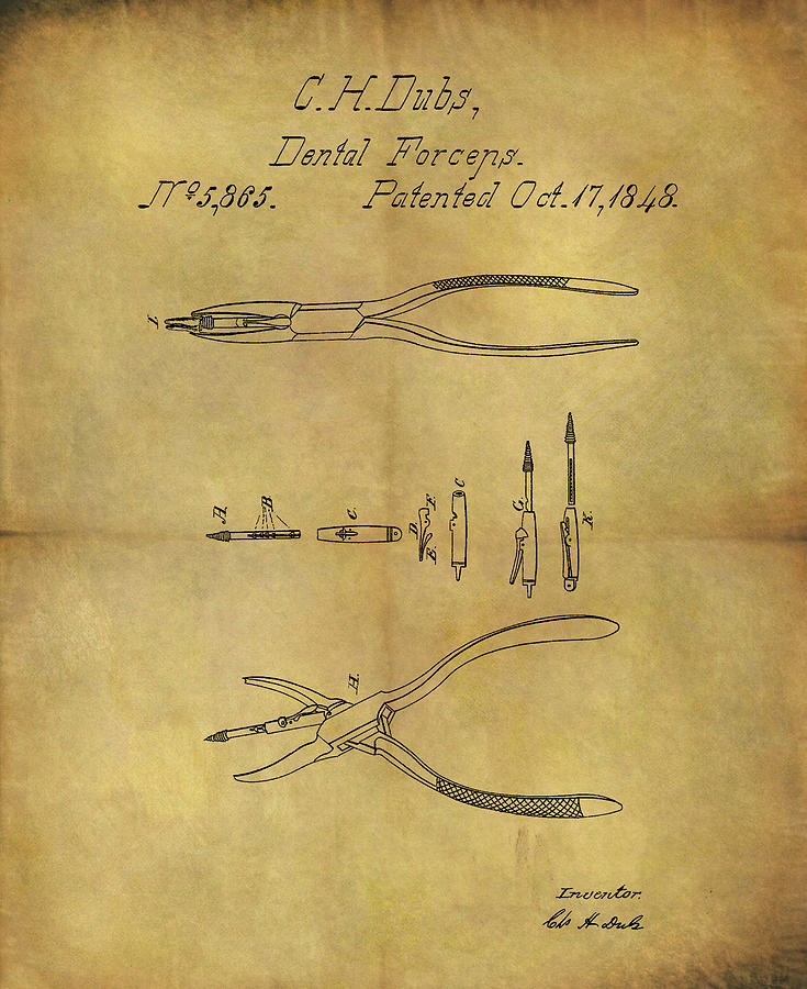 Dental Tools Drawing - 1848 Dental Forceps Patent by Dan Sproul