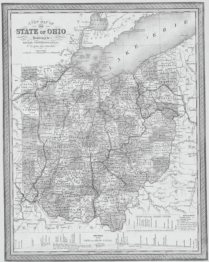 1850 Historical Map of Ohio in Black and White Photograph by Toby McGuire