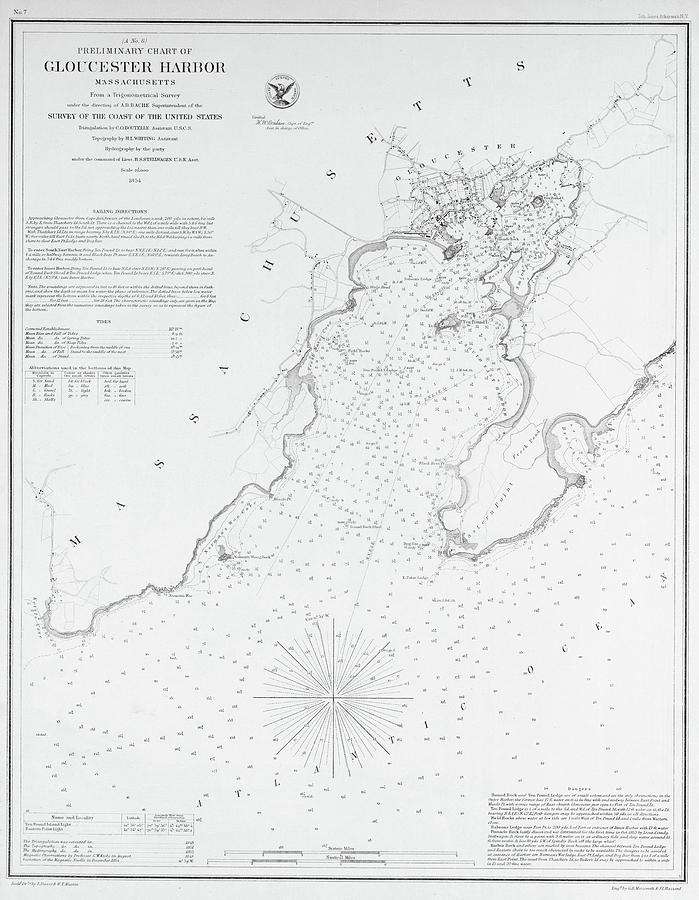 1854 Gloucester Harbor Historical Map Gloucester Massachusetts Black and White Photograph by Toby McGuire