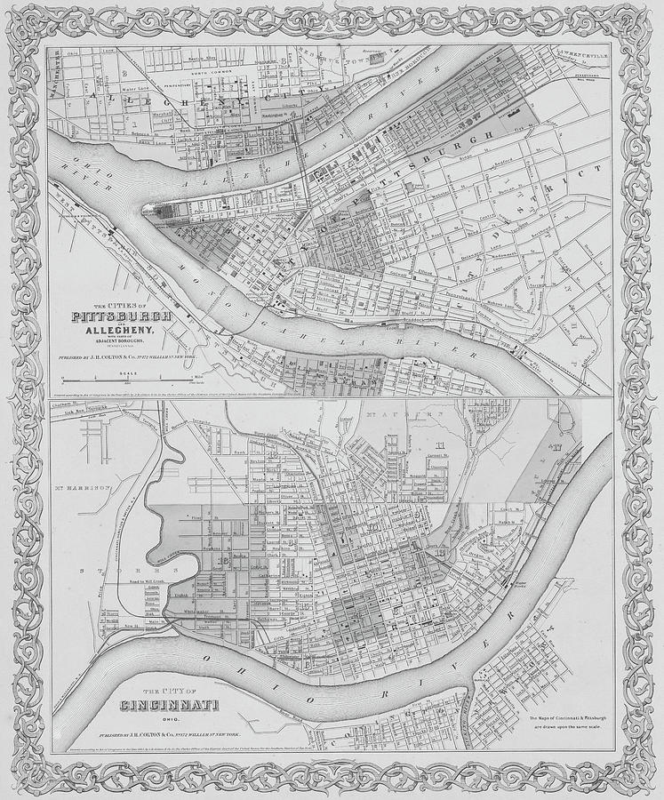 1855 Historical Pittsburgh and Cincinnati Ohio Map in Black and White Photograph by Toby McGuire