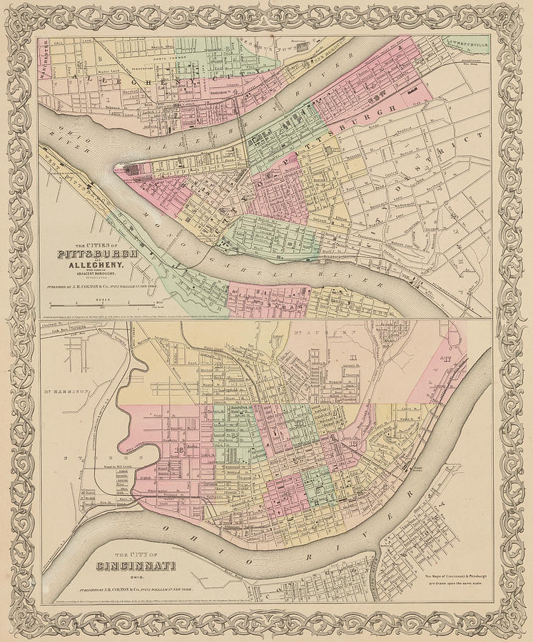 1855 Historical Pittsburgh and Cincinnati Ohio Map in Color Photograph by Toby McGuire