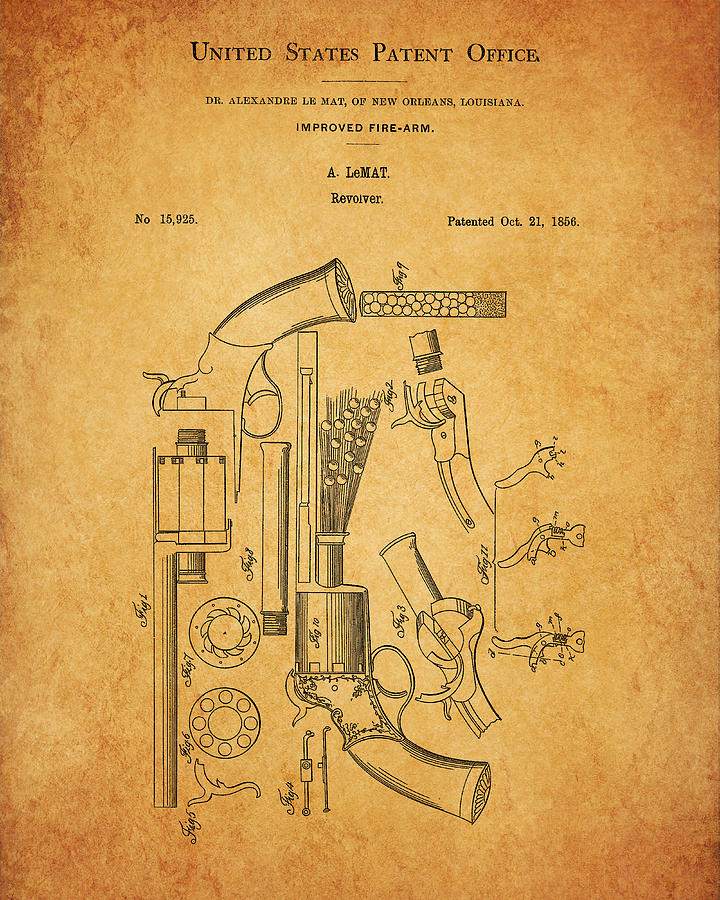 Lemat Revolver Drawing - 1856 LeMat Revolver Patent by Dan Sproul