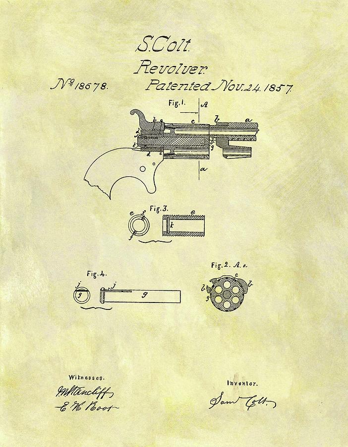 Colt Revolver Drawing - 1857 Colt Revolver Patent by Dan Sproul