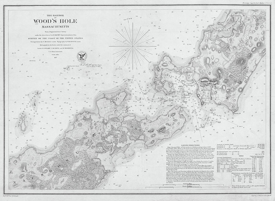 1857 The Harbor of Woods Hole Sailing Directions Historical Map Cape Cod Black and White Photograph by Toby McGuire