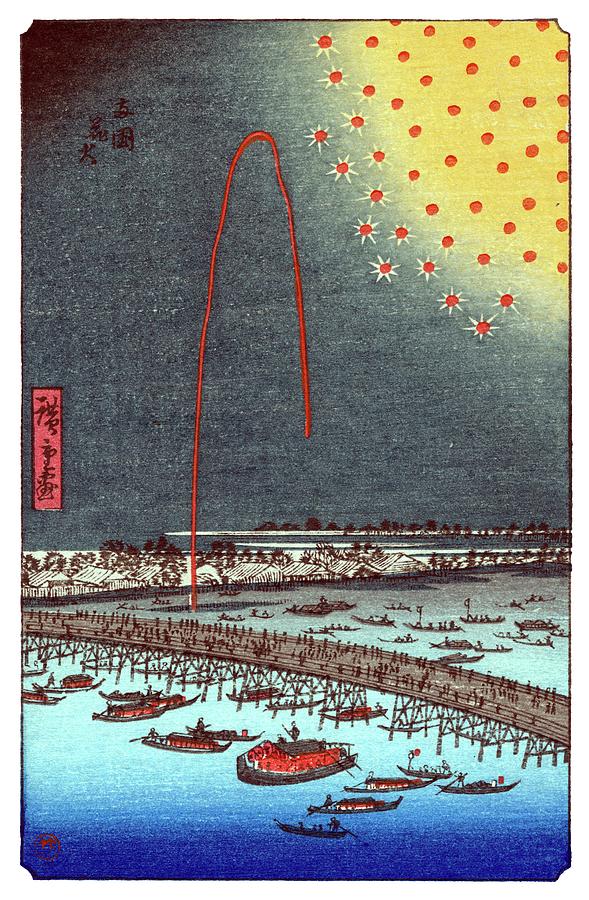1858 Fireworks at Ryogoku Bridge by Hiroshige Painting by Historic Image