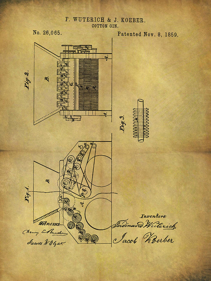 Farm Drawing - 1859 Cotton Gin Patent by Dan Sproul