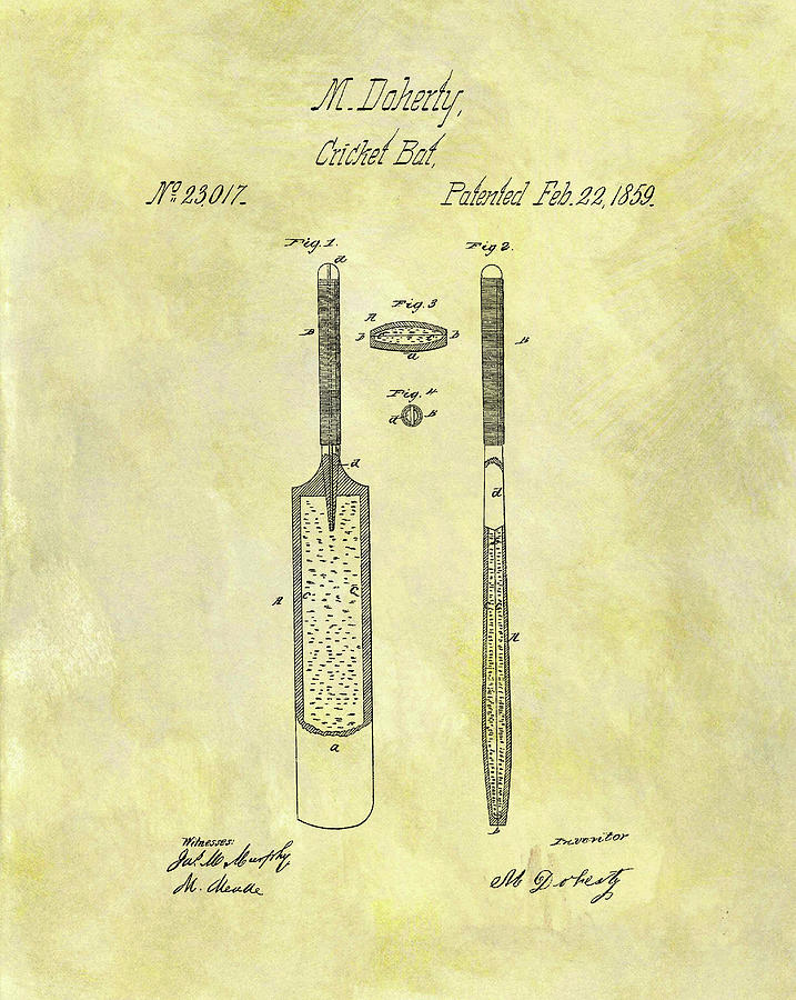 Sports Drawing - 1859 Cricket Bat Patent by Dan Sproul