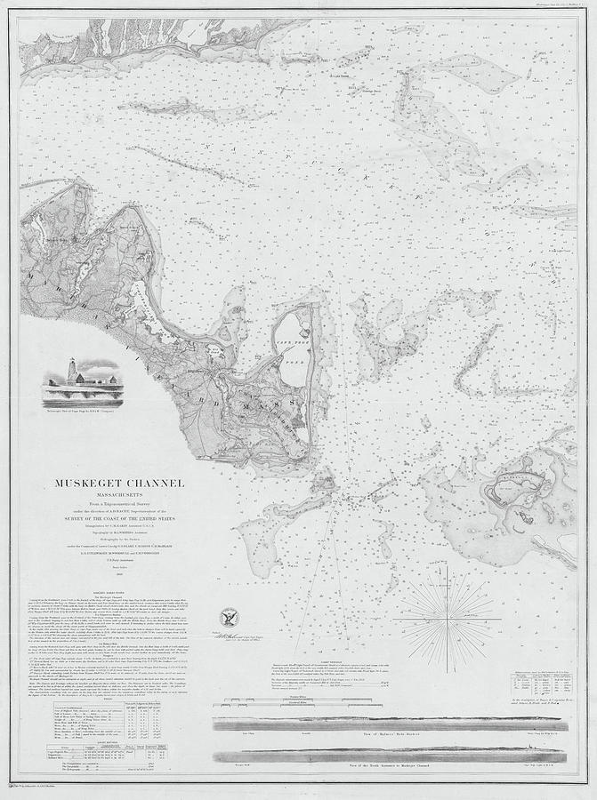 1859 Historical Map of Marthas Vineyard and Muskeget Channel Cape Cod Black and White Photograph by Toby McGuire