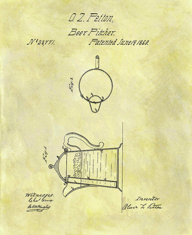 Mug Drawing - 1860 Beer Pitcher Patent by Dan Sproul