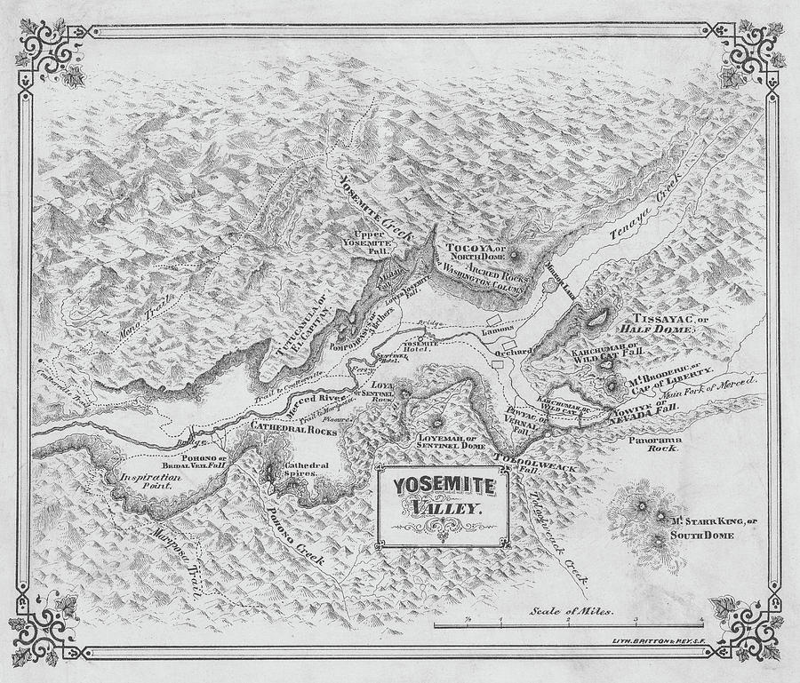1860 Historical Map of Yosemite Valley Yosemite National Park Black and White Photograph by Toby McGuire
