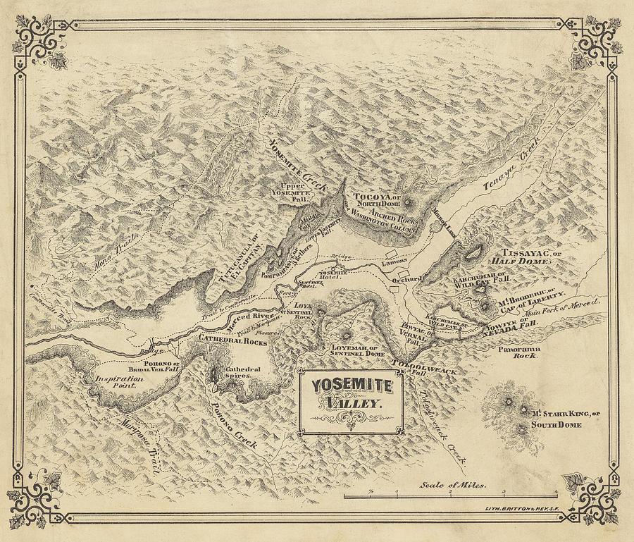 1860 Historical Map of Yosemite Valley Yosemite National Park Photograph by Toby McGuire