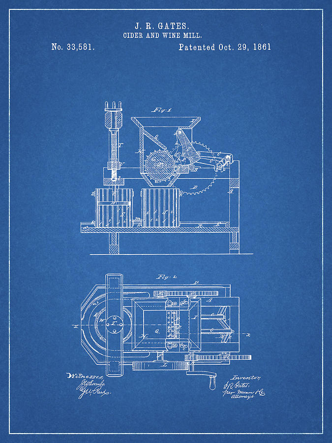 1861 Cider Wine Mill Patent Drawing by Dan Sproul
