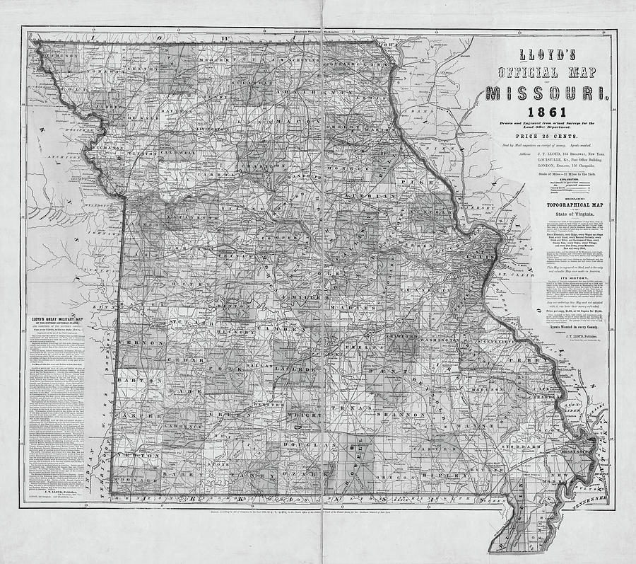 1861 Historical Map of Missouri in Black and White Photograph by Toby McGuire