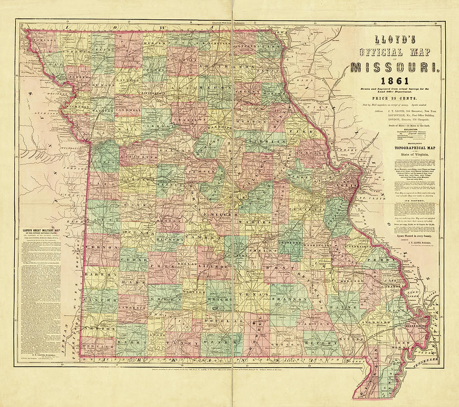 1861 Historical Map of Missouri in Color Photograph by Toby McGuire