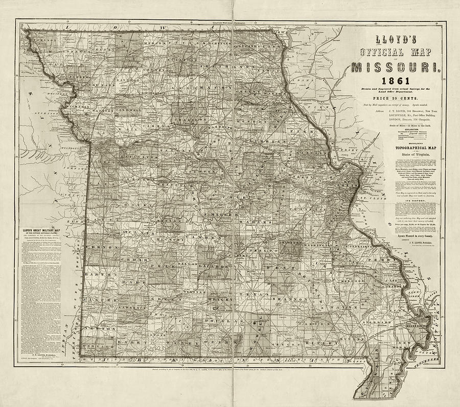 1861 Historical Map of Missouri in Sepia Photograph by Toby McGuire