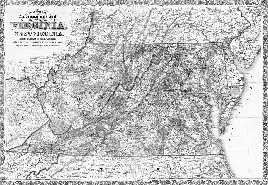 1861 Historical Map of Virginia and West Virginia in Black and White Photograph by Toby McGuire