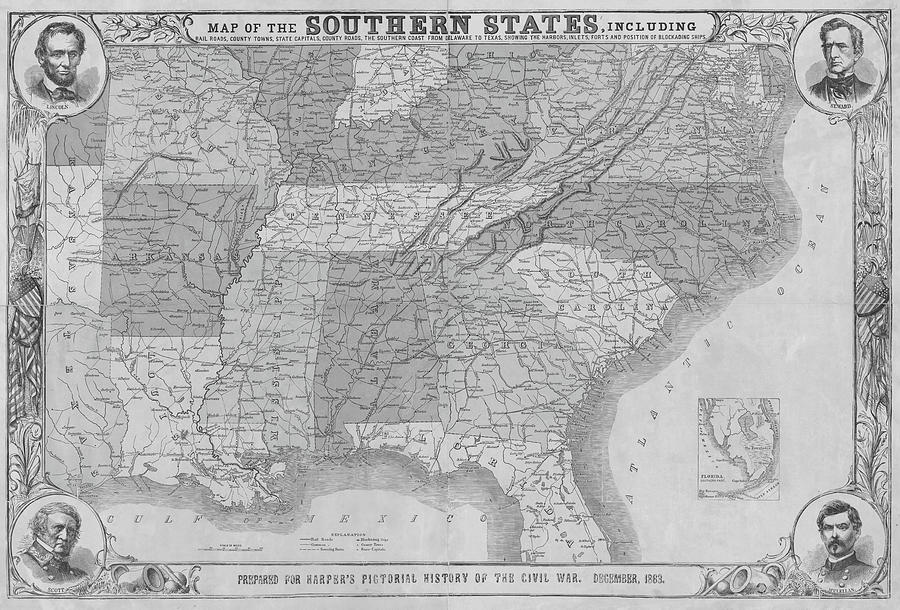 1863 Historical Map of the Southern States in Color Black and White Photograph by Toby McGuire
