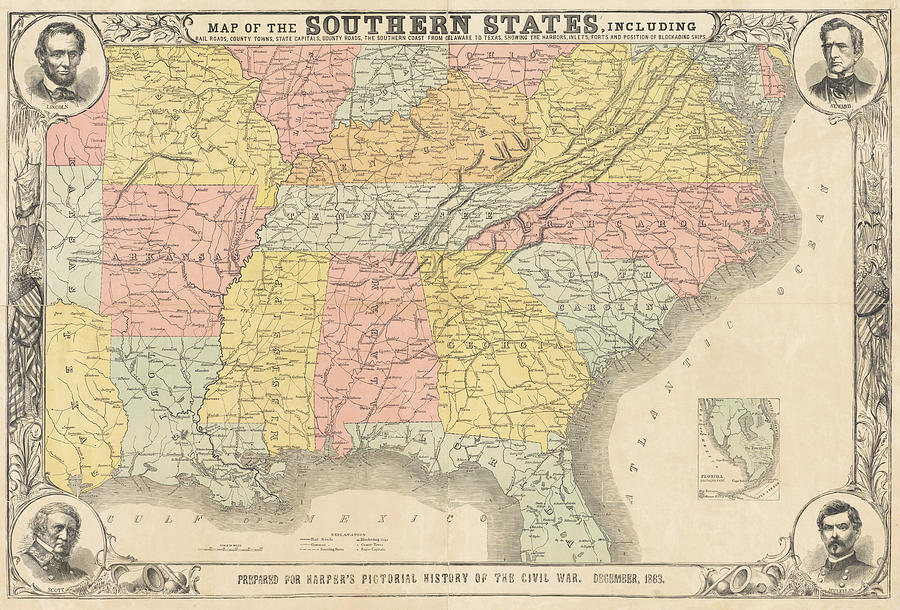 1863 Historical Map of the Southern States in Color Photograph by Toby McGuire