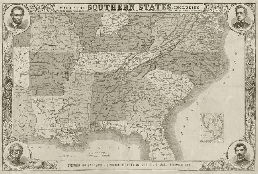 1863 Historical Map of the Southern States in Sepia Photograph by Toby McGuire