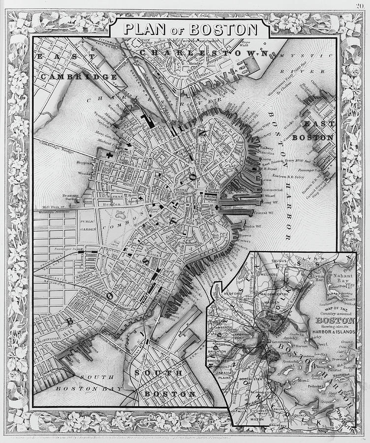 1863 Plan of Boston Historical Map Boston MA in Black and White Photograph by Toby McGuire