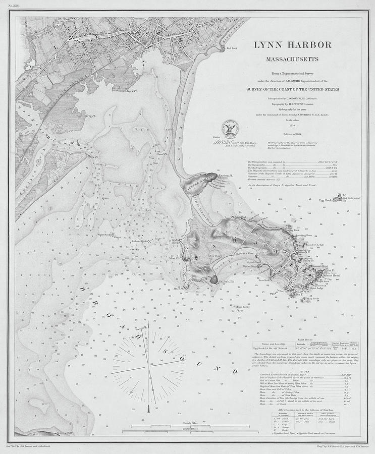 1864 Lynn Harbor and Nahant MA Historical Map Black and White Photograph by Toby McGuire