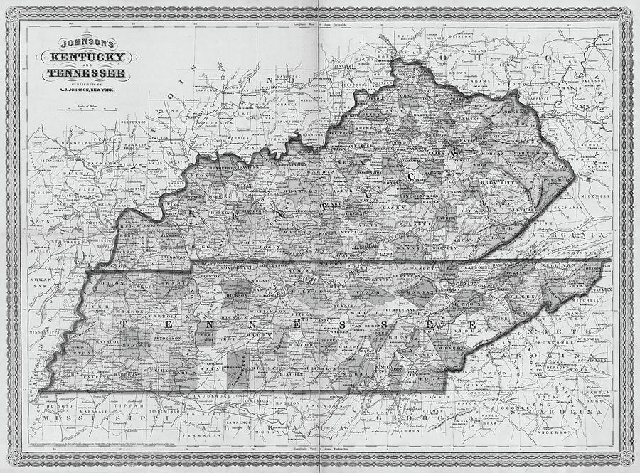 1865 Historical Map of Kentucky and Tennessee in black and white Johnsons Photograph by Toby McGuire