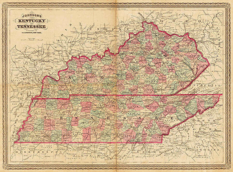 1865 Historical Map of Kentucky and Tennessee in color Johnsons Photograph by Toby McGuire