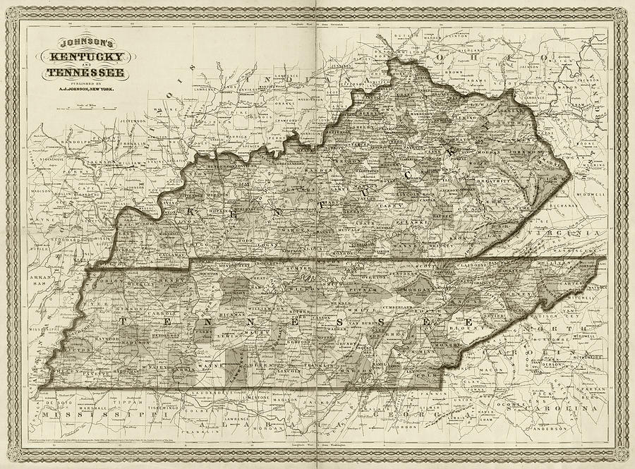1865 Historical Map of Kentucky and Tennessee in sepia Johnsons Photograph by Toby McGuire