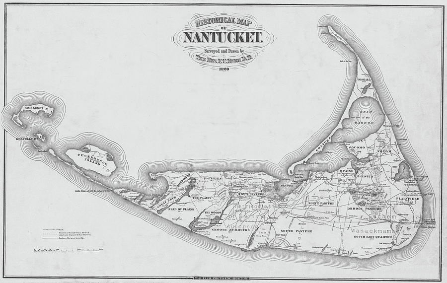 1865 Historical Map of Nantucket Massachusetts Cape Code Black and White Photograph by Toby McGuire