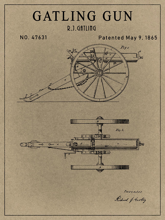 1865 Original Gatling Gun Patent Drawing by Dan Sproul