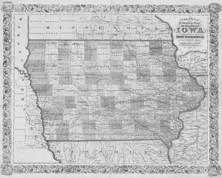1865 Township Map of Iowa United States USA Historical Map Black and Whtie Photograph by Toby McGuire