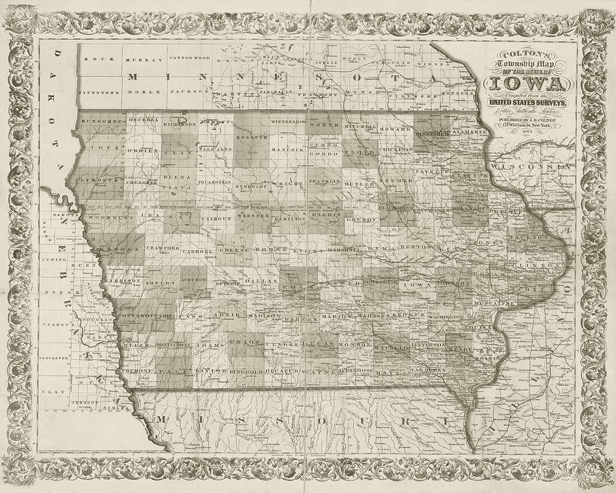 1865 Township Map of Iowa United States USA Historical Map Sepia Photograph by Toby McGuire