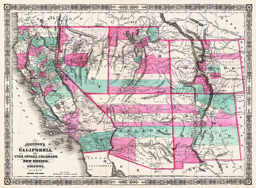 1866 Map of California Colorado Arizona New Mexico Nevada and Utah Digital Art by Jerzy Czyz