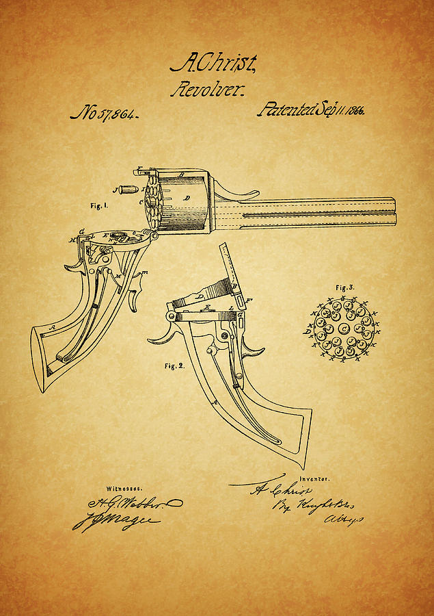 Revolver Drawing - 1866 Revolver Patent by Dan Sproul