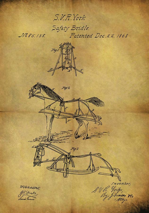 Farm Drawing - 1868 Horse Bridle Patent by Dan Sproul