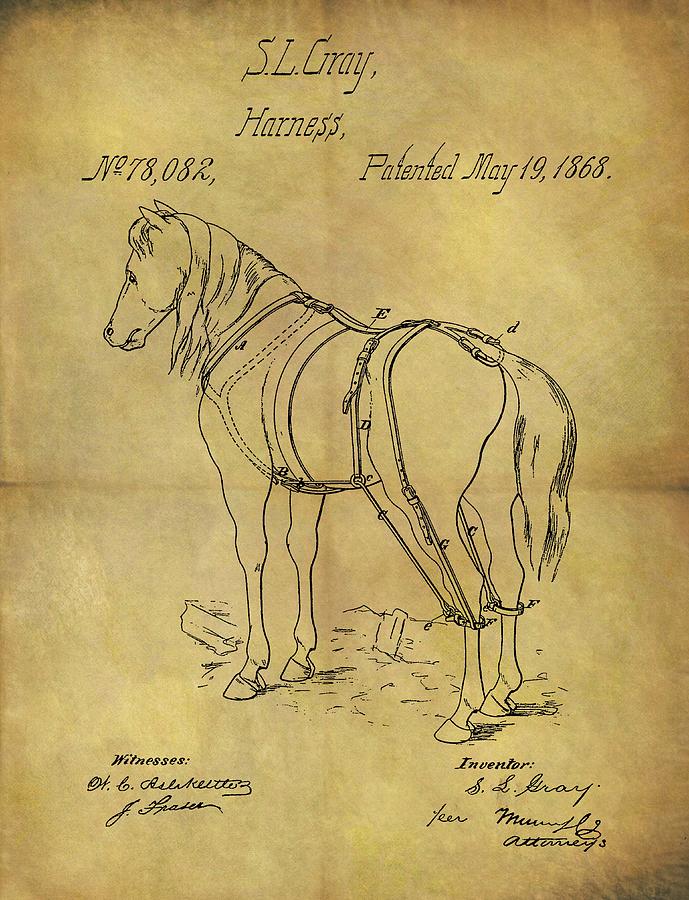 Farm Drawing - 1868 Horse Harness Patent by Dan Sproul