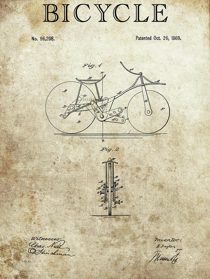 Bicycle Drawing - 1869 Bicycle Patent Drawing by Dan Sproul
