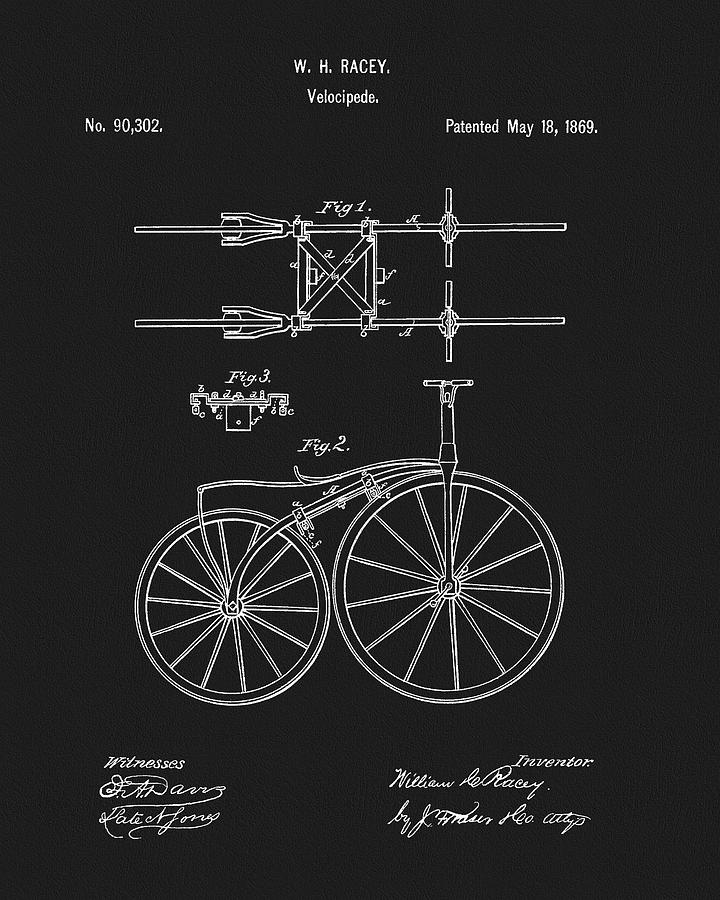 Bicycle Drawing - 1869 Velocipede Patent by Dan Sproul