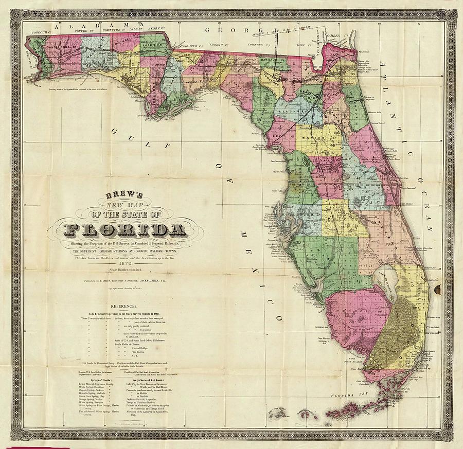 1870 Map of Florida Drawing by Columbus Drew