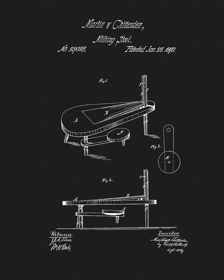 Cow Drawing - 1870 Milking Stool Patent by Dan Sproul