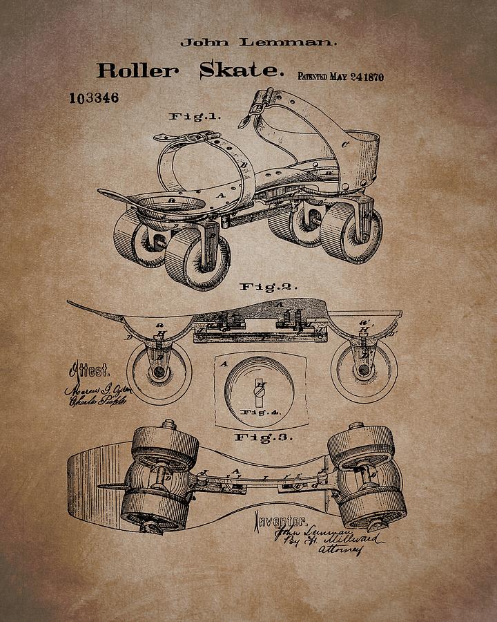 Rollerskate Drawing - 1870 Roller Skate Patent by Dan Sproul