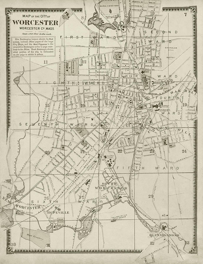 1870 Ward Map of Worcester Massachusetts Historical Map in Sepia ...