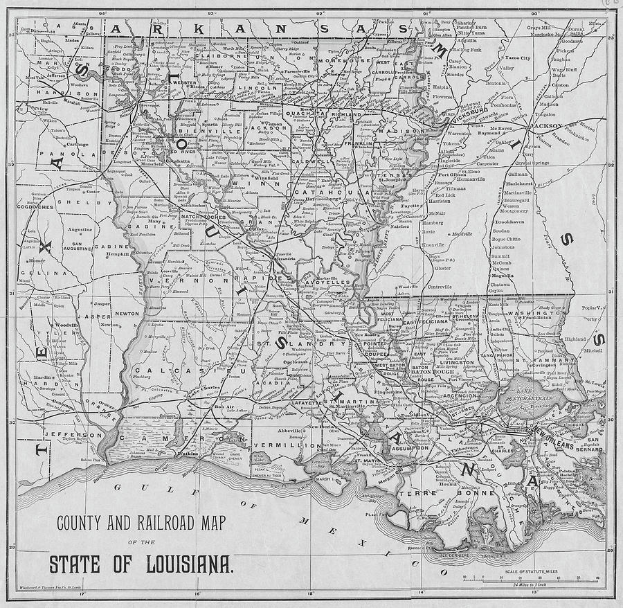 1870s Historical County and Railroad Map of Louisiana in Black and White Photograph by Toby McGuire