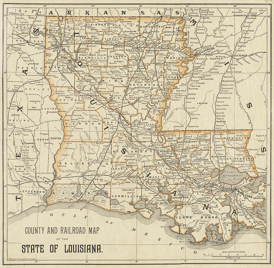 1870s Historical County and Railroad Map of Louisiana in Color Photograph by Toby McGuire
