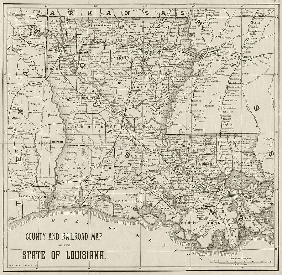 1870s Historical County and Railroad Map of Louisiana in Sepia Photograph by Toby McGuire